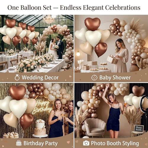 Image of Atpata Funky Boho Theme Foil Balloons - White Sand, Nude Cream, Tan Brown Caramel Shades - Stars and Hearts Shape - for Weddings, Birthdays, Baby Showers, and Party Decorations (6pcs, Hearts)