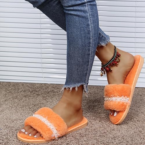 Fuzzy House Slipper for Women Pearl Embellished Lightweight Flat Slide Open Toe Casual Sandal Anti-slip Warm Shoe4