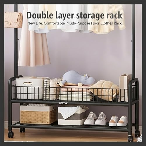 Image of ZOLMIX Metal Garment Rack With Wheels & 2 Bottom Mesh Shelves | Clothes Hanging Stand, Coat Hanger Stand For Home, Cloth Rack For Bedroom, Clothing Rack Organizer For Clothes, Bags & Shoes (Black)