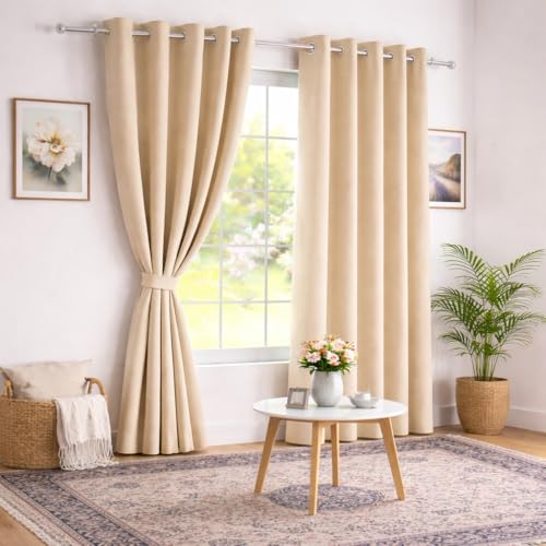 Image of Roseate 100% True Black Out Curtains (7 Feet /Set of 1) Solid Room Darkening Curtain & Thermal Insulated for Bedroom, Living Room (Beige / 116x215 cm)