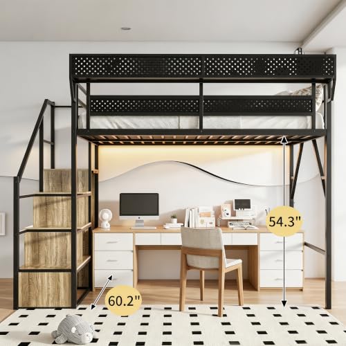 Image of Queen Size Metal Loft Bed with Reversible Stairs and LED & USB Port | Storage Shelf, Reversible Storage Stairs with Wardrobe, LED Lights,USB Charging Port,Sturdy Noise-Free Design,Large Under Bed