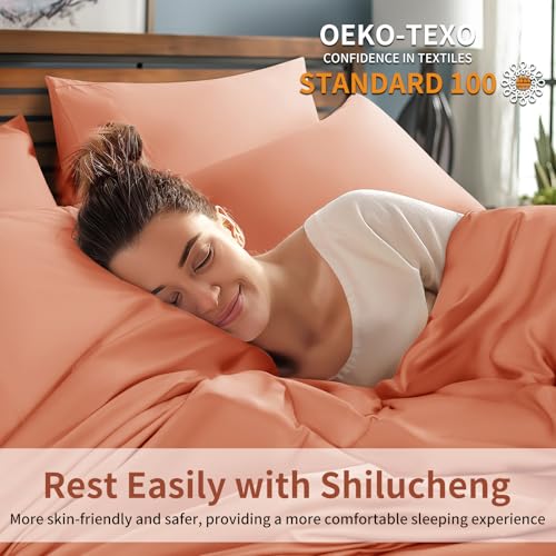 Image of Shilucheng 6 Piece Queen Sheet Sets, Cooling Sheets, Blend Rayon Derived from Bamboo, Deep Pocket Up to 16 inch, Breathable & Soft Bed Sheets, Hotel Silky Bedding Set, Coral