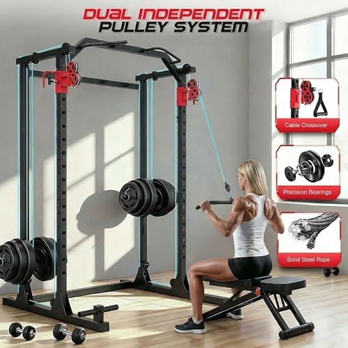 Image of OPPSDECOR Power Cage, 2000LBS Squat Rack with Dual Pulley Cable Crossover System, Multifunctional Power Rack with More Training Attachments for Home Gym, Weight Cage Fits Compact Space