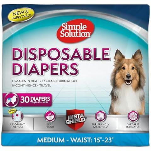 Simple Solution Disposable Dog Diapers for Female Dogs, True Fit, Absorbent, Leak Proof with Wetness Indicator, Puppy & Doggie Period Pad and Pee Diaper, For Medium Pets, 15-23 Inch Waist, 30 Count Cover