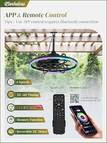 Image of Fanbulous Outdoor RGB Ceiling Fans with Light, 24 inch Waterproof Gazebo Fan | IP65, Weatherproof, Plug in, Remote&APP Control, 3CCT Dimmable,2H Timer, Caged, with Hanging Hook for Patio, Porch, Pergola