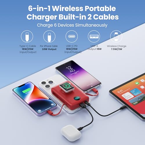 Image of 6 in 1 Magnetic Portable Charger for iPhone with Built-in Cables, 10800mAh 25W PD Fast Charging Power Bank, 6 Outputs Travel Essential Battery Pack for iPhone 17 /16 /15 /14 /13 /12,Apple Watch (Red)