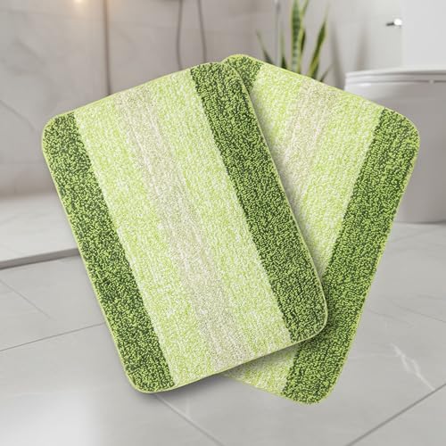 Image of Saral Home Microfiber Striped Rectangle Shaped Anti-Skid Bath Mats | Soft & Super Absorbent Mats for Shower | Washable, Non-Slip & Quick-Drying Mats, 50X70 CM | Pack of 2 (Green)