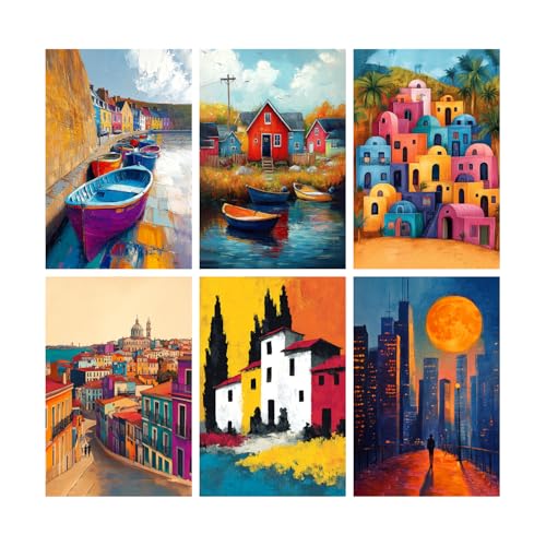 Image of SiddArtify Colorful Cityscape Wall Art Poster Print Set - Vibrant Building Decor for Living Room Bedroom Office - 12x18 inch Board Pack of 6