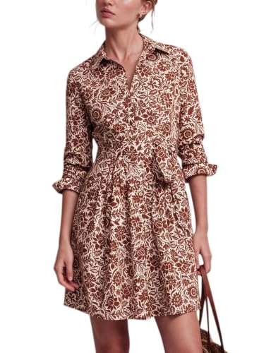 Image of Women's Printed Button Down Shirt Dress Long Sleeve Belted Mini Dress