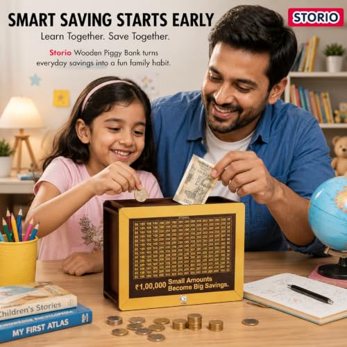 Image of Storio Wooden Piggy Bank with Counter |100000 Money Saving Box | Money Bank for Kids & Adults | Carved Savings Box, Wooden Coin Box, Mini Money Saver Bank for Home & Office Use