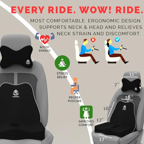 Image of MRRON Memory Foam Car Seat Cushion Combo - Backrest, Coccyx Cushion & Neckrest - Orthopedic Support for Back, Sciatica & Neck Pain - Ergonomic Comfort for Car, Office. (Black, Slim Backrest)