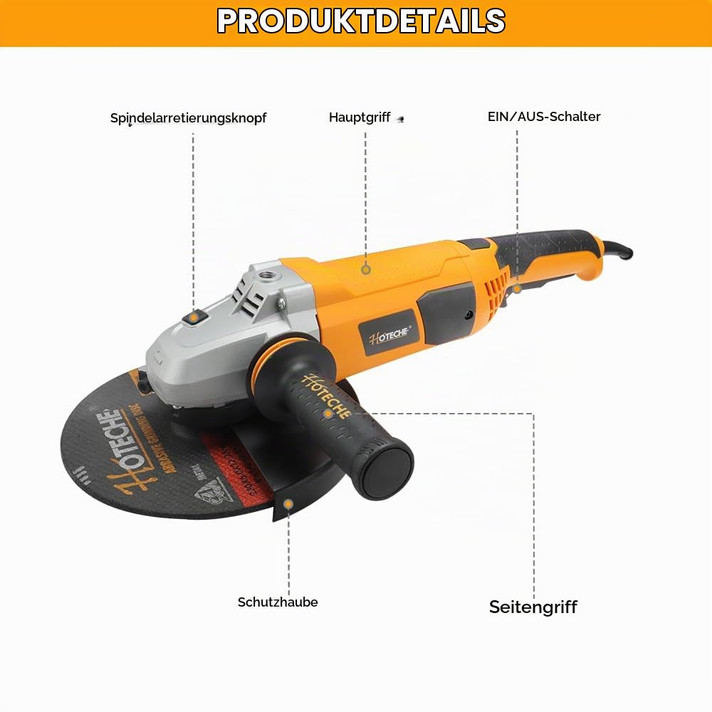 Hoteche 2400W Winkelschleifer 230mm Trennschleifer mit Kupfermotor - Selbstverriegelnder Schalter, Soft-Start, 6500rpm,VDE Stecker - Gelb/Schwarz