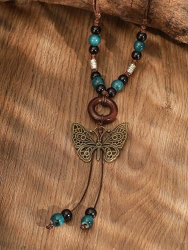 MINACHI Hippie Boho Colorful Ceramic Bead Butterfly Charm Pendant Y Necklace, Vintage Bohemian Statement Jewelry Gift for Women2