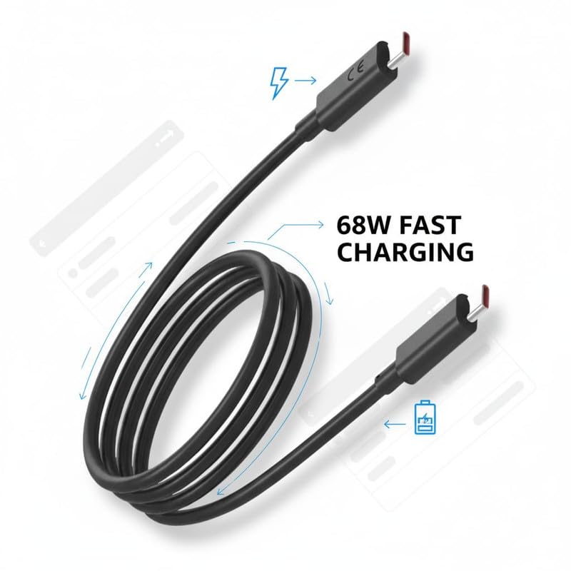 Image of YISHU 68W USB Type C To Type C Data Cable | PD Quick Charge Support | Compatible for Motorola Edge Ultra Fusion Pro Neo Razr G06 G05 G85 G64 G54 & More | Black | Original Fast Charging
