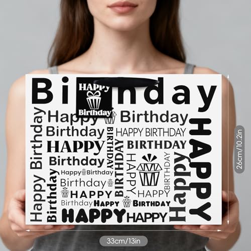Image of JMANNI Large Happy Birthday Gift Bag with Tissue Papers and Greeting Card,Portable Paper Gift Bags with Handles,White and Black Present Bags for Women Men Birthday Party Supplies13 x 10.2 inch x 4.7 inch