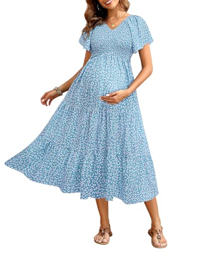 Image of Pinup Fashion Maternity Summer Dress Baby Shower Easter Pregnancy A-Line | Smocked V-neck, flutter sleeves, breathable floral fabric, bump friendly, perfect for photoshoot, spring casual,postpartum