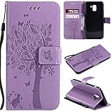Galaxy J6 2018 Case, Lacass Cat Tree Pattern PU Leather Flip Wallet Case Cover Kickstand with Card Slots and Wrist Strap for Samsung Galaxy J6 (2018) - Lavender
