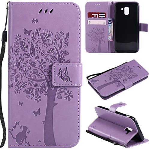 alaxy J6 2018 Case, Lacass Cat Tree Pattern PU Leather Flip Wallet Case Cover Kickstand with Card Slots and Wrist Strap for Samsung Galaxy J6 (2018) - Lavender