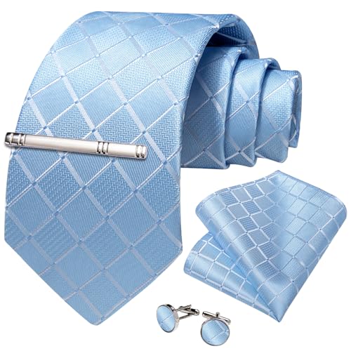 Image of DiBanGu Mens Silk Plaid Tie and Pocket Square Set | Elegant Silk Formal Tie Set, Woven Check Necktie and Cufflinks Tie Clip Set, Perfect for Wedding Party, Comes in Gift Box