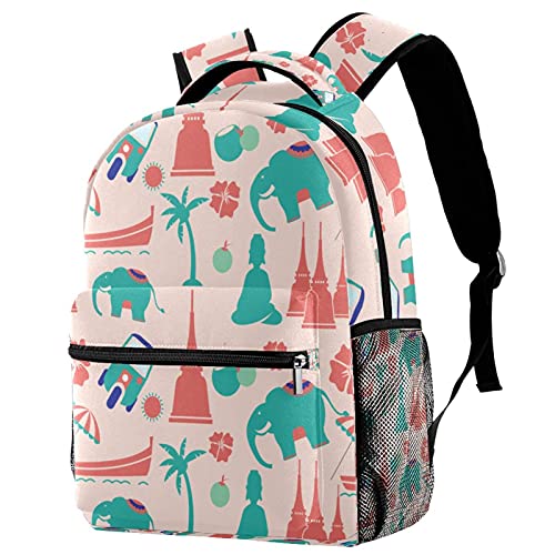 Sac à dos rose moderne éléphant thaï avec poches pour filles et garçons