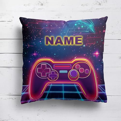 Gamer Personalised Cushion – Add Name – Custom Gaming Pillow for Kids Bedroom – Multiple Sizes & Fabrics – Cover Only or Filled – Boys Girls Video Game Room Decor
