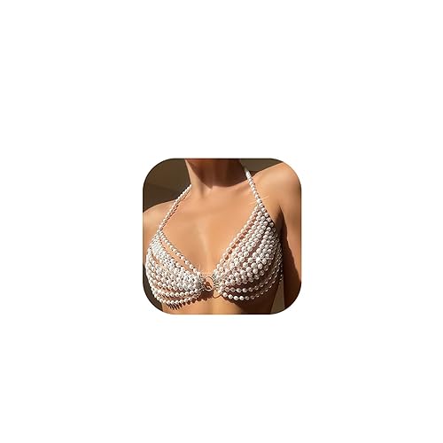 Sexy Multi-layered Pearl Tassel Bra Body Chain Jewelry Summer Beach Pearl Harness Bra Chain Bikini Festival Rave Pearl Bra Bralette Body Jewelry for Women