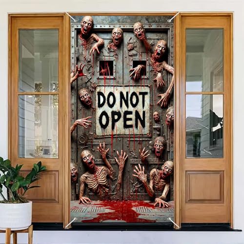 Image of BlissYard Halloween Door Cover Keep Out Zombie 71 x 35 Inch | Polyester, Zombie Hands Design, Haunted House Door Decor, Front Porch, Wall, Party and Photo Backdrop