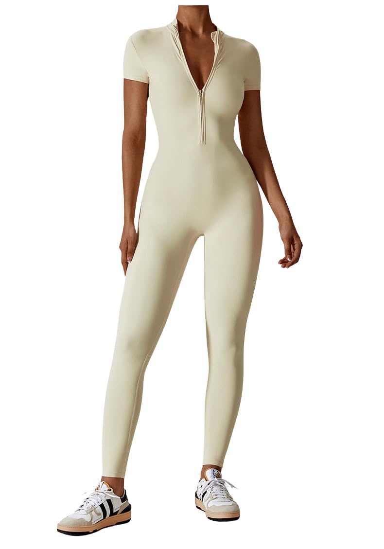 Womens One Piece Workout Jumpsuit - Zip Up Romper, Bodycon, Seamless Yoga Bodysuit, Long Sleeve, Shorts