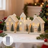 Christmas Decorations - Indoor Christmas Village Set of 3 Lighted Ceramic Houses with Trees - White Xmas Holiday Farmhouse Rustic Decor for Home Table Room