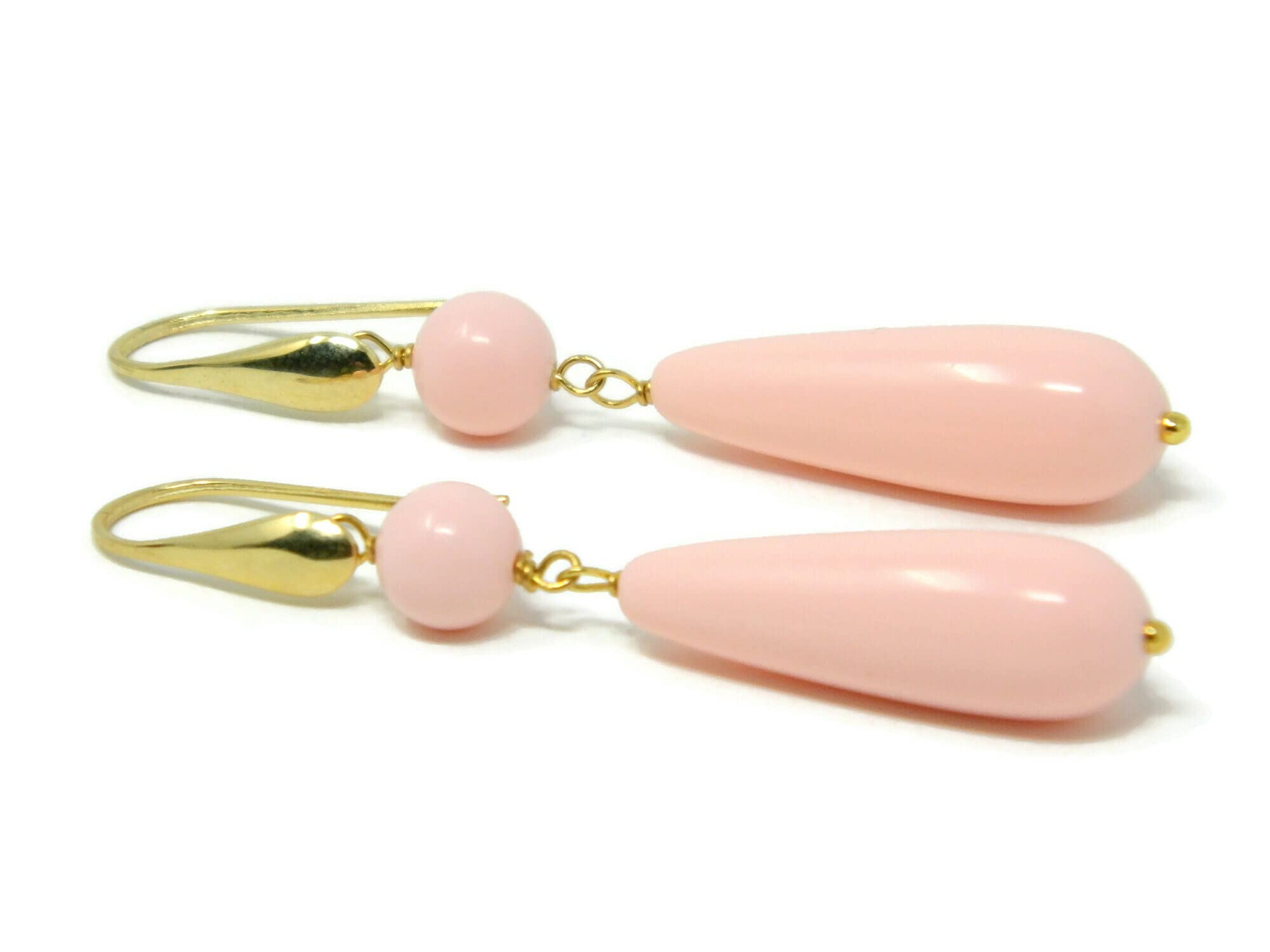 Orecchini Pendenti Donna in Pasta di Corallo Rosa Chiaro – Goccia 10x30 mm e Pallina Liscia – Argento 925 Placcato Oro – Handmade, Nickel-Free, Made in Italy - DodiGioielli