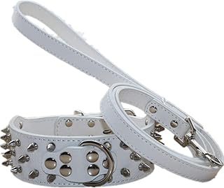 haoyueer Spiked Studded Leather Dog Collar & Leash 2Pcs Matching Set Fit for Medium & Large Dogs Pitbull Husky Mastiff Terrier 3 Rows Bullet Rivets Studded Leather(White,L)
