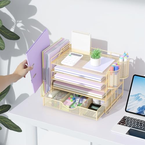 Image of gianotter 5-Tier Desk Organizer with Drawers and File Holders | Letter Trays and Pen Holders - Workspace Accessories for Office Supplies (Gold)