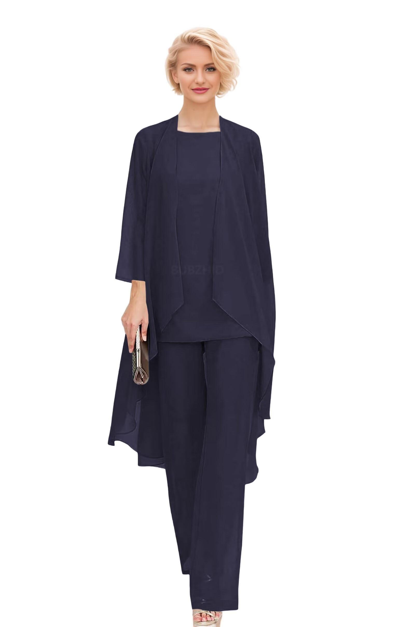 3 Pieces Mother of The Bride Pantsuits with Jacket for Wedding Chiffon Formal Evening Prom Cocktail Pants Outfit