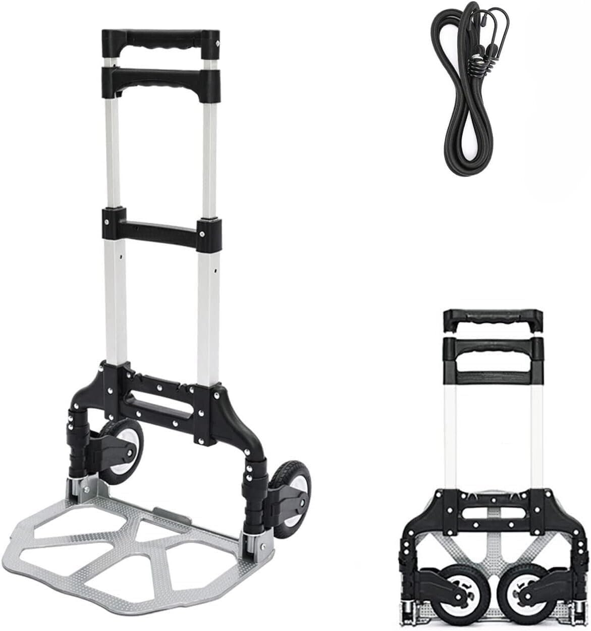 UNICASA™ Folding Hand Truck and Personal Dolly, 165lbs Capacity Aluminium Portable Folding Hand Cart with Rubber Wheels and 1 Bungee Cord, Ideal for Home, Auto, Moving, Office, Travel
