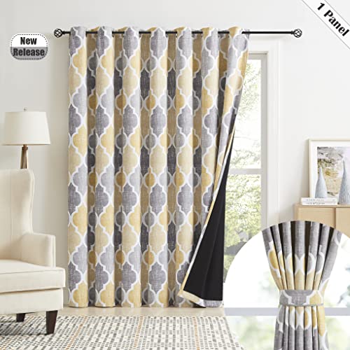 Beauoop Moroccan Blackout Curtain Panels For Sliding Patio Door Lattice Geo Print Extra Wide Light Blocking Thermal Insulated Drapes Room Divider Grommet Window Treatment, 100 X 84,Yellow Gray,1 Panel #TOP22
