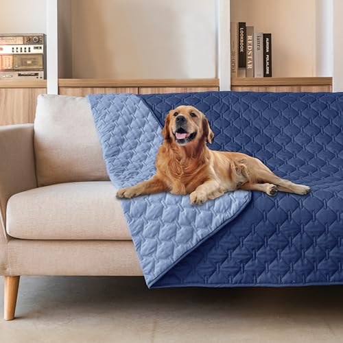 Image of gogobunny 100% Double Sided Waterproof Dog Blanket Soft Pet Bed Cover Reversible Protect Furniture Couch Sofa Car for Puppy Large Dog Cat (Dark Navy /Light Navy, 82x82 Inch (Pack of 1))