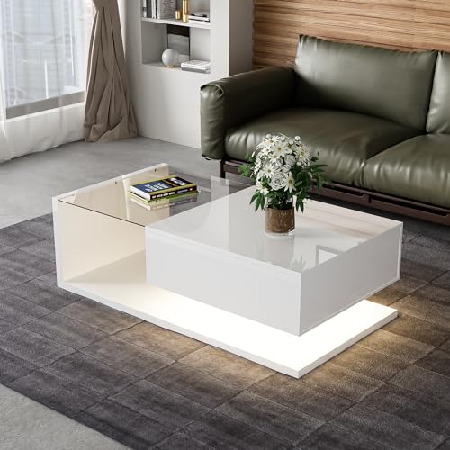 OKMYHOME Table Basse Moderne avec LED et Tiroirs - Plateau laqué Brillant - Panneau de Particules - 100 x 50 x 39 cm - Noir