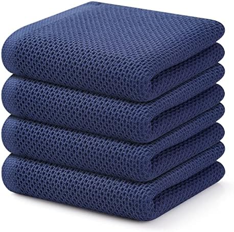 Kitinjoy 100% Cotton Waffle Weave Kitchen Towels, 4-Pack Super Soft and Absorbent Kitchen Dish Towels for Drying Dishes, Kitchen Hand Towels, Navy Blue, 13 in x 28 in