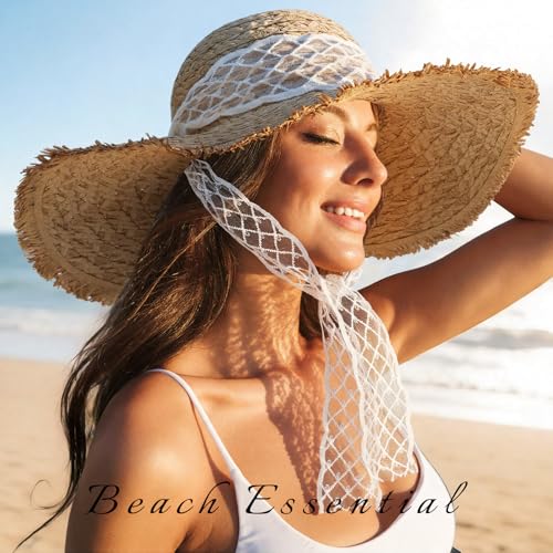 Image of Womens Beach Sun Straw Hat, Wide Brim Sun Hat Travel Foldable Summer Wind Lanyard UPF 50+