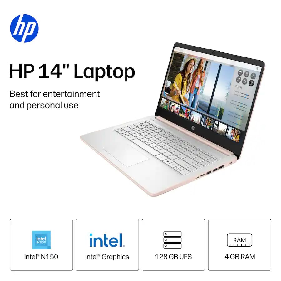 Image of HP 14 inch HD Laptop, Intel Processor N150, 4GB LPDDR5, 256GB Storage (128GB UFS+128GB SD Card), HDMI, USB-C, USB-A, Bluetooth, WiFi, Copilot, Fast Charge, Microsoft 365, Win 11 Home, Pale Rose Gold
