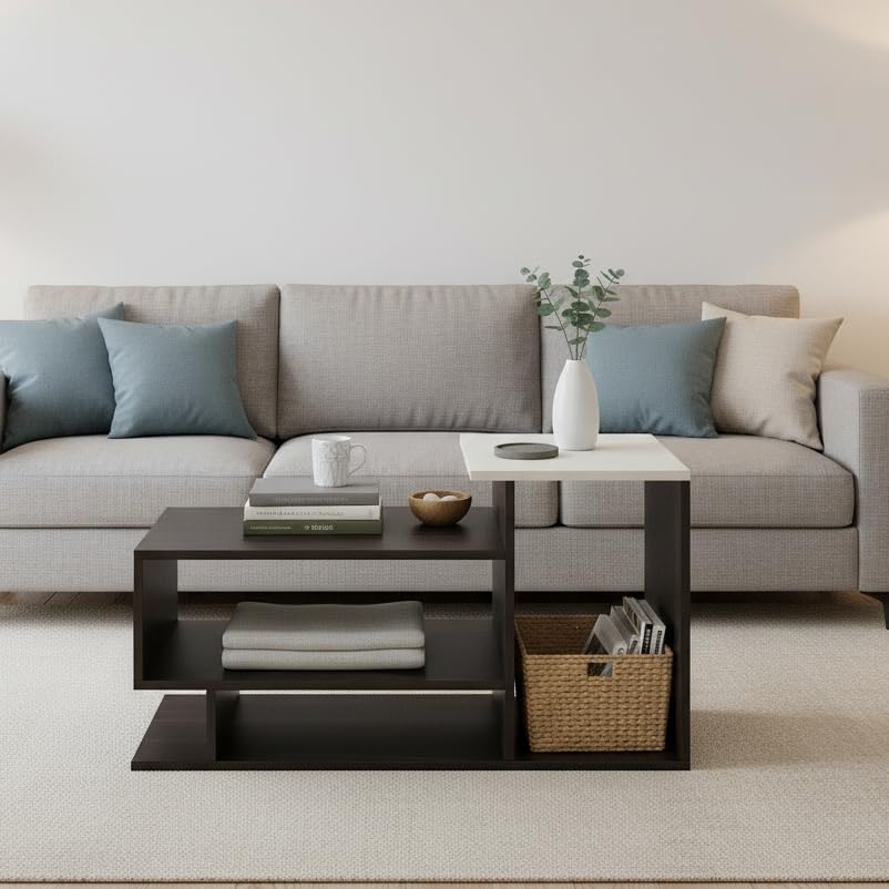 Image of FURNEASER Hanoi Modern Engineered Wood Coffee Table with Door & Storage Shelves | Center Table for Living Room & Sofa Area | Multi Level Open Rack Design | DIY Furniture (AFR-WH)