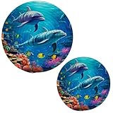 Naanle Ocean Swimming Couple Dolphins Coral Reef Fishes Cotton Woven Pot Holder Trivets Set,2 Pcs Round Coasters Placemat for Cooking Baking Hot Dish Pan Pot Bowl Teapot(7&9 Inches)