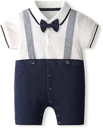 Baby Boy Romper Gentlemans Collared Polo Shirt Bow Tie short Sleeve Fake Two Piece Jumpsuit One-Piece Outfit