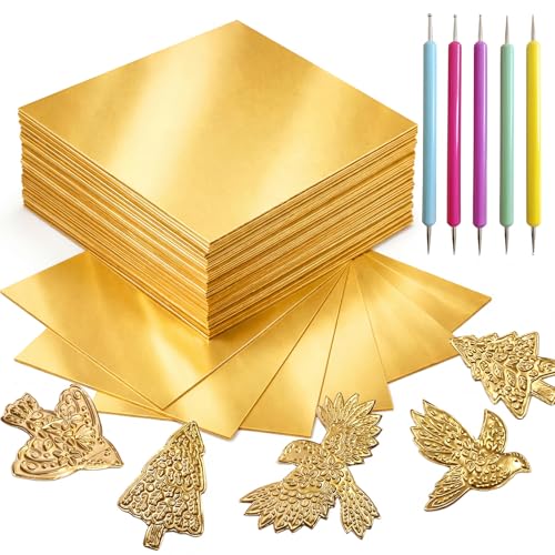 Aemygo 150 Pcs Aluminum Foil Sheets for DIY Crafts 6 inch Heavy Duty Metal Embossing Sheet with Stylus Tools Gold Square Tin Foil for DIY Painting and Embossing
