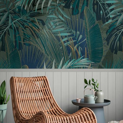Profhome Papier peint photo motif jungle 398121-GU Papier peint panoramique intissé (TNT) vert bleu pétrole gris 0,53 m x 8,80 m / 4,45 m2