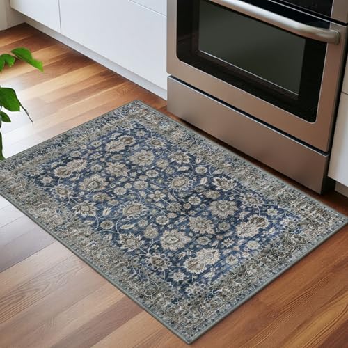Tapete Floral Azul 2x3 Pies Antideslizante y Lavable miniatura 3