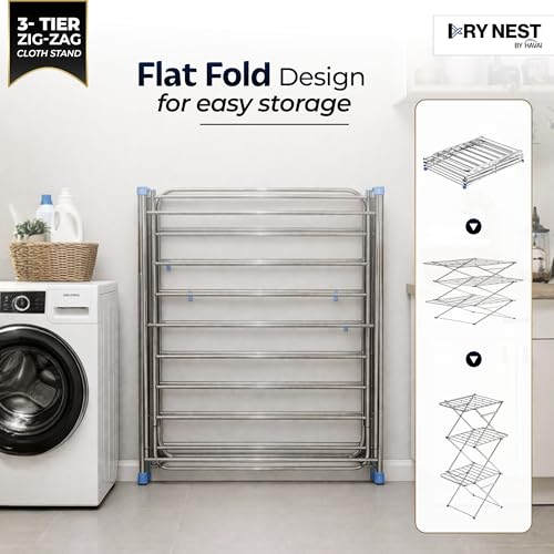 Image of HAVAI DryNest 4.5 KG Heavy Duty Clothes Drying Stand | 40 KG Load Capacity | 3-Tier Zig-Zag Foldable Stainless Steel Airer | Rust Proof Laundry Rack for Balcony & Indoor Use