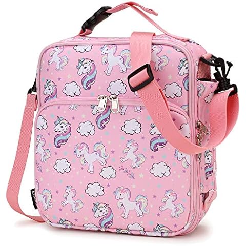 RAVUO Lunch Bag for Girls, Insulated Lunch Box for Kids Cute Unicorn Reusable Lunch Bags with Detachable Shoulder Strap 2 Ways Carrying Cover