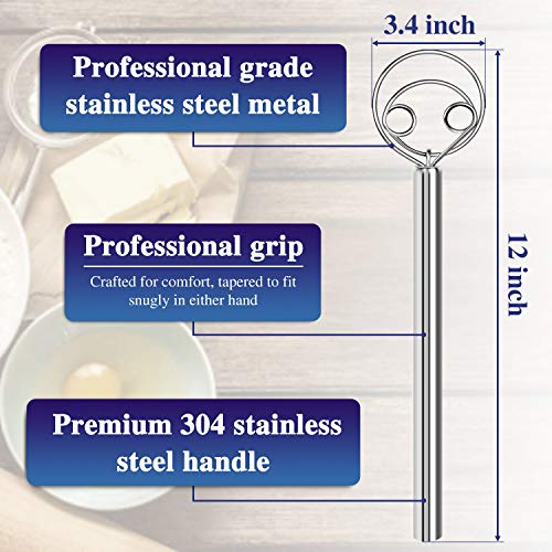 2PCS Premium Stainless Steel Danish Dough Whisk Bread Mixer, Dough Whisk for Cooking Baking, a Dough Scraper for Bread, Pastry or Pizza Dough