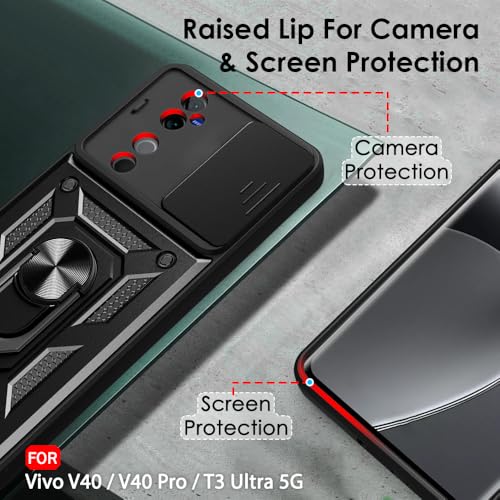 Image of TheGiftKart Tough Armor Bumper Back Cover Case for Vivo V40 / V40 Pro / T3 Ultra 5G | KickStand & Ring Holder | 360 Protection Back Case for Vivo V40 / V40 Pro (PC & TPU, Sliding Camera Cover, Black)